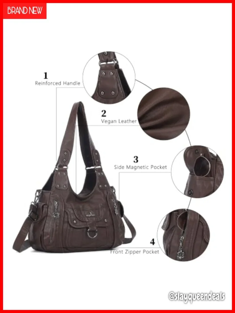 Women's Vegan Leather Hobo Shoulder Tote Bag with Adjustable Strap